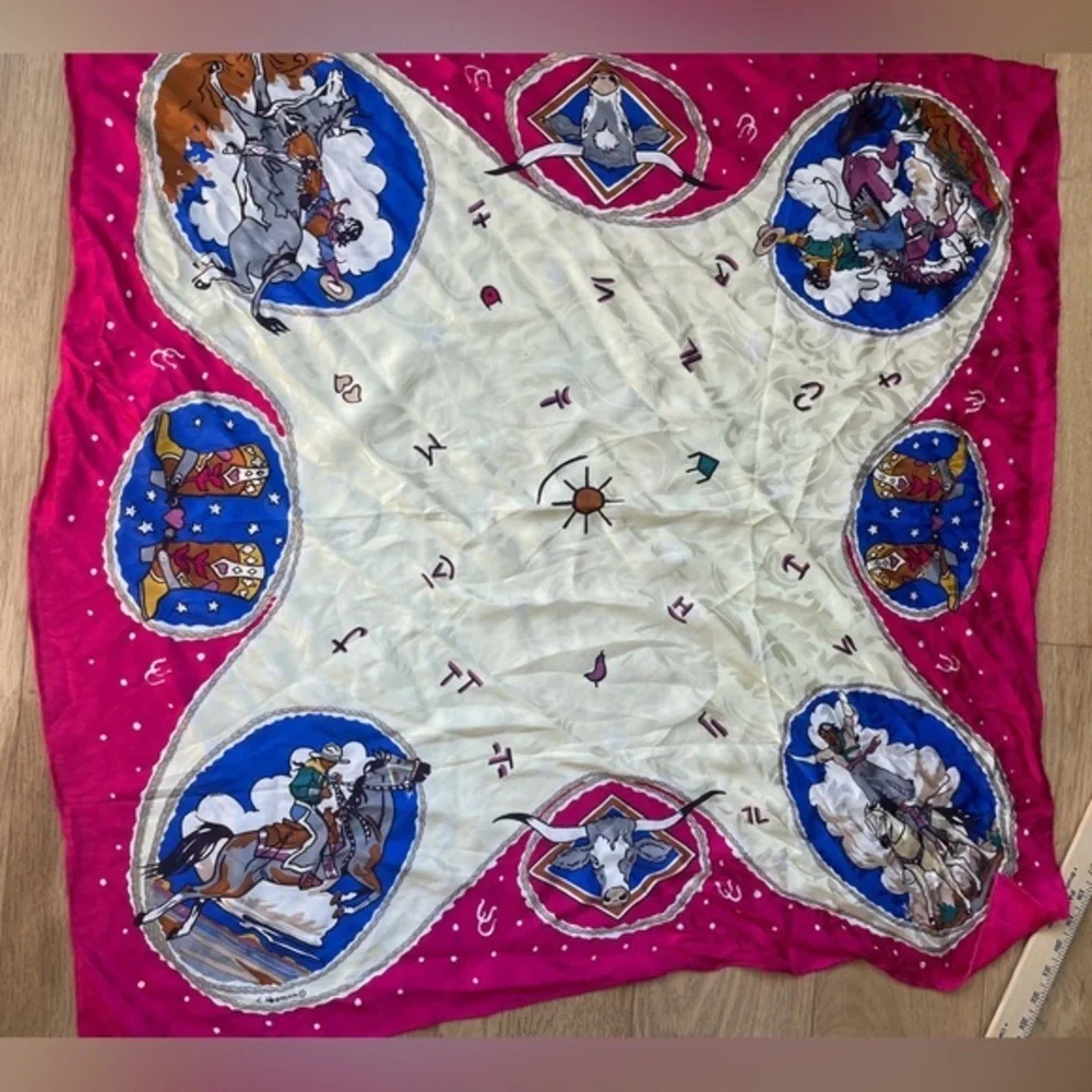 Vintage L Hermann Western Themed Silk Scarf - Pink and Cream